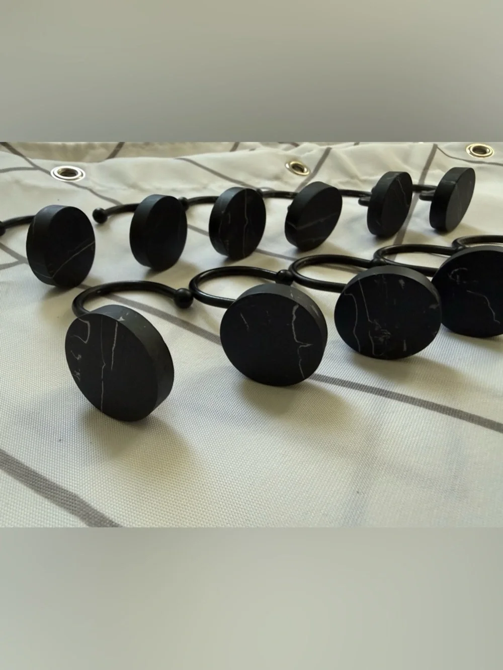 Shower Curtain Hooks- Black Marble Look- Set of 12